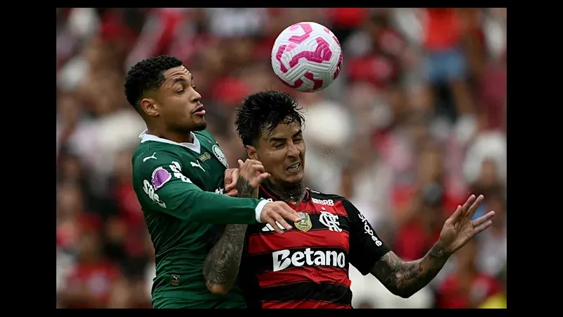 Cầu thủ của Palmeiras tung cú sút mạnh vào khung thành Flamengo